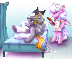 Size: 800x650 | Tagged: safe, artist:cabbage-arts, oc, oc only, oc:haiky haiku, oc:jumping jack, bat pony, cat, pegasus, pony, bat pony oc, bed, clipboard, commission, commissioner:jumping jack, couple, duo, female, hat, hospital, hospital bed, male, nurse outfit