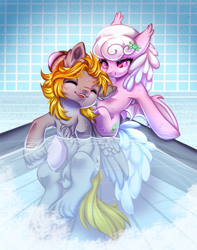 Size: 700x890 | Tagged: safe, artist:cabbage-arts, oc, oc:haiky haiku, oc:jumping jack, bat pony, pegasus, pony, bat pony oc, bath, bathing together, commission, commissioner:jumping jack, couple, duo, female, pegasus oc, tub