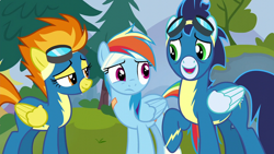 Size: 1920x1080 | Tagged: safe, screencap, rainbow dash, soarin', spitfire, pegasus, pony, g4, newbie dash, clothes, female, goggles, male, mare, stallion, uniform, wonderbolts uniform