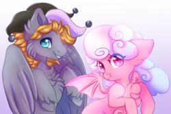 Size: 1024x679 | Tagged: safe, artist:cabbage-arts, oc, oc:haiky haiku, oc:jumping jack, bat pony, pegasus, pony, bat pony oc, commission, commissioner:jumping jack, couple, duo, female, hat, jester, male, pegasus oc