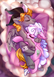 Size: 700x996 | Tagged: safe, artist:cabbage-arts, oc, oc:haiky haiku, oc:jumping jack, bat pony, pegasus, pony, cloud, commission, commissioner:jumping jack, couple, cuddling, duo, female, male, pegasus oc, sleeping, snuggling