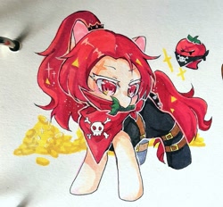 Size: 1285x1190 | Tagged: safe, artist:v17nvlsyu9ljsro, earth pony, pony, bandana, belt, bits, chili pepper cookie, clothes, cookie run, female, knife, mare, ponified, ponytail, simple background, skull, traditional art