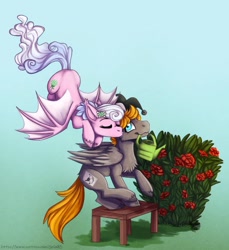 Size: 854x934 | Tagged: safe, artist:gela98, oc, oc only, oc:haiky haiku, oc:jumping jack, bat, bat pony, pegasus, pony, couple, duo, garden, holiday, valentine, valentine's day