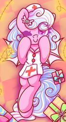 Size: 1350x2480 | Tagged: safe, alternate version, artist:wavecipher, oc, oc only, oc:haiky haiku, bat pony, pony, bed, christmas, commission, cute, female, heart, heart eyes, holiday, lights, lying down, mare, nurse, present, solo, wingding eyes, ych result
