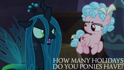 Size: 1280x720 | Tagged: safe, edit, edited screencap, editor:quoterific, screencap, cozy glow, queen chrysalis, changeling, pegasus, pony, g4, season 9, the summer sun setback, caption, duo, duo female, female, filly, mare, open mouth, text, vase