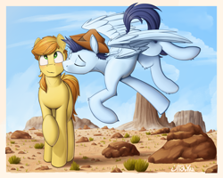 Size: 2000x1600 | Tagged: safe, artist:uliovka, braeburn, soarin', earth pony, pegasus, pony, g4, blushing, cheek kiss, cloud, colored pupils, cowboy hat, cute, day, desert, eyes closed, eyes rolling back, flying, gay, grass, hat, kissing, male, outdoors, raised hoof, ship:soarburn, shipping, sky, smiling, spread wings, stallion, wings