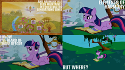 Size: 1280x720 | Tagged: safe, edit, edited screencap, editor:quoterific, screencap, princess celestia, twilight sparkle, alicorn, pony, unicorn, friendship is magic, g4, season 1, book, canterlot, female, mare, open mouth, tree, unicorn twilight