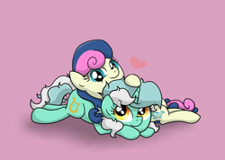 Size: 4526x3231 | Tagged: safe, artist:background basset, bon bon, lyra heartstrings, sweetie drops, earth pony, pony, unicorn, g4, adorabon, cute, duo, duo female, female, heart, high res, lesbian, lying down, lying on top of someone, lyrabetes, pink background, ship:lyrabon, shipping, simple background, smiling