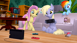 Size: 3840x2160 | Tagged: safe, artist:owlpirate, derpy hooves, fluttershy, rainbow dash, diglett, pegasus, pony, g4, 3d, couch, dexterous hooves, female, high res, hoof hold, joy-con, living room, mare, nintendo switch, plushie, poké ball, pokémon, sitting, smiling, source filmmaker, trio