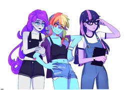 Size: 1848x1338 | Tagged: safe, artist:aaa-its-spook, rainbow dash, rarity, sci-twi, twilight sparkle, human, equestria girls, g4, adjusting glasses, bandaid, bandaid on nose, bedroom eyes, belly button, blue eyes, blue skin, button, clothes, cutie mark, denim shorts, eyebrows, eyebrows visible through hair, female, glasses, hand on hip, jacket, leaning, lesbian, light skin, midriff, multicolored hair, notebook, overalls, pink skin, purple hair, purple skin, rainbow hair, round glasses, ship:sci-twidash, ship:twidash, shipping, shorts, tank top, trio, trio female, wristband