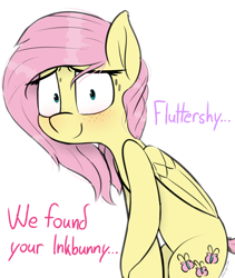 Size: 1412x1674 | Tagged: safe, artist:pinkberry, fluttershy, pegasus, pony, g4, bipedal, blushing, caught, female, filly, freckles, inkbunny, looking at you, nervous, oh crap, oh fuck, shrunken pupils, simple background, solo, sweat, teenager, white background