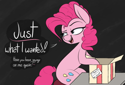 Size: 2719x1865 | Tagged: safe, artist:pinkberry, pinkie pie, earth pony, pony, g4, commission, female, implied stalking, lidded eyes, looking back, mare, present, simple background, sitting, solo, speech bubble, wrapping