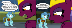 Size: 5474x2183 | Tagged: safe, artist:badumsquish, derpibooru exclusive, petunia paleo, the sphinx, earth pony, pony, sphinx, g4, 2 panel comic, archaeologist, awkward, bag, braid, braided tail, comic, death stare, dialogue, duo, eye contact, fangs, female, floppy ears, frown, grave robber, headdress, jewelry, looking at each other, looking back, mare, nervous, older, paws, pyramid, raised hoof, regalia, saddle bag, scrunchy face, sharp teeth, show accurate, size difference, somnambula (location), teeth, threatening, tomb raider