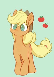 Size: 1426x2048 | Tagged: safe, artist:noupu, applejack, earth pony, pony, g4, apple, colored pupils, cute, female, food, green background, jackabetes, mare, simple background, solo