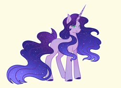 Size: 1280x933 | Tagged: safe, artist:ocean-drop, oc, oc only, oc:nightfall, pony, unicorn, ethereal mane, female, magical lesbian spawn, mare, offspring, parent:princess luna, parent:twilight sparkle, parents:twiluna, simple background, solo, starry mane, yellow background