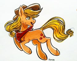 Size: 1027x810 | Tagged: safe, artist:rover, applejack, earth pony, pony, g4, applejack's hat, cowboy hat, cute, female, hat, jackabetes, jumping, mare, traditional art