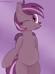 Size: 3016x4032 | Tagged: safe, artist:rainbowšpekgs, oc, oc only, oc:iris, bat pony, pony, adorasexy, bat pony oc, bat wings, belly button, bipedal, chubby, cute, female, mare, one eye closed, sexy, simple background, smiling, solo, standing, wings, wink