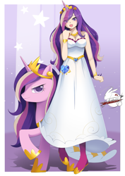 Size: 719x1017 | Tagged: safe, artist:johnsonist, princess cadance, human, pony, g4, bare shoulders, breasts, crown, horn, horned humanization, human ponidox, humanized, jewelry, open mouth, regalia, self ponidox, sleeveless