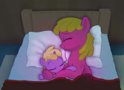 Size: 2250x1626 | Tagged: safe, artist:xbi, cherry berry, dinky hooves, earth pony, pony, unicorn, g4, background pony, bed, bedroom, blanket, cherrybetes, crossover, cuddling, cute, dinkabetes, eyes closed, female, filly, goodnight, mare, max and ruby, night, pillow, redraw, rug, sleeping, smiling, snuggling