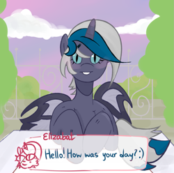 Size: 1089x1080 | Tagged: safe, artist:brooklynbaby, oc, oc only, oc:elizabat stormfeather, alicorn, bat pony, bat pony alicorn, pony, alicorn oc, bat pony oc, bat wings, blushing, commission, cute, dating sim, female, grin, horn, looking at you, mare, smiling, solo, table, wings, ych result