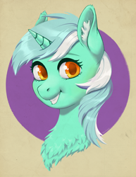 Size: 2726x3525 | Tagged: safe, artist:taytinabelle, lyra heartstrings, pony, unicorn, g4, bust, chest fluff, cute, ear fluff, female, happy, high res, looking at you, mare, open mouth, simple background, smiling, solo