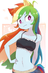 Size: 2016x3092 | Tagged: safe, artist:fuyugi, rainbow dash, equestria girls, adorasexy, bare shoulders, belly button, blush sticker, blushing, bra, breasts, cat ears, catgirl, clothes, crop top bra, cute, cute little fangs, dashabetes, fangs, female, floating heart, heart, high res, midriff, rainbow cat, reasonably sized breasts, sexy, sleeveless, solo, speech bubble, stupid sexy rainbow dash, underwear, white pupils