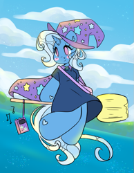Size: 579x745 | Tagged: safe, artist:bunxl, trixie, unicorn, semi-anthro, g4, arm hooves, blushing, broom, cape, clothes, cute, diatrixes, dress, female, flying, flying broomstick, hat, heart, kiki's delivery service, music notes, purse, radio, smiling, solo, trixie's cape, trixie's hat, wip, witch