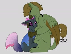 Size: 2048x1536 | Tagged: safe, artist:viktiipunk, oc, oc only, oc:argot allophias, oc:dusty shelves, changeling, griffon, pony, eyes closed, floppy ears, glasses, hug, one eye closed, purple changeling, smiling