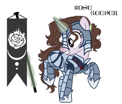 Size: 3234x2736 | Tagged: safe, artist:witchs_circle, oc, oc only, oc:rose keeper, pony, unicorn, armor, banner, female, flag, freckles, glowing horn, gritted teeth, guard, high res, hoof shoes, horn, levitation, magic, mare, raised hoof, raised leg, simple background, solo, telekinesis, transparent background, unicorn oc