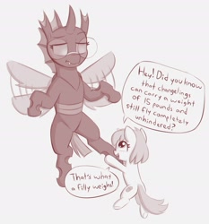 Size: 2440x2620 | Tagged: safe, artist:heretichesh, oc, oc only, oc:red pill, oc:yvette (evan555alpha), changeling, pony, unicorn, cute, dialogue, duo, female, filly, flying, high res, spread wings, wings