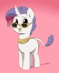 Size: 1474x1805 | Tagged: safe, artist:heretichesh, oc, oc only, oc:yodi, pony, unicorn, bling, braid, curved horn, gold teeth, grin, horn, jewelry, leonine tail, necklace, smiling, solo, sunglasses