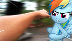 Size: 1921x1080 | Tagged: safe, artist:stormxf3, rainbow dash, human, pegasus, pony, rainbow dash's precious book, g4, angry, dodge, female, fight, irl, irl human, mare, needs more jpeg, photo, ponies in real life, punch, speed lines, youtube link