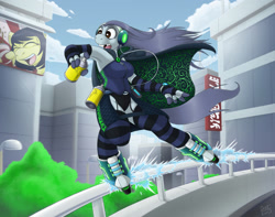 Size: 1280x1011 | Tagged: safe, alternate version, artist:drxii, oc, oc only, oc:ipsywitch, earth pony, anthro, building, cape, city, clothes, digital art, female, headphones, jet set radio, jet set radio future, open mouth, pants, roller skates, shirt, solo, spray can, stockings, thigh highs