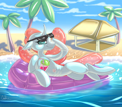 Size: 1280x1120 | Tagged: safe, artist:mekh, ocellus, changedling, changeling, inflatable pony, g4, beach, commission, digital art, drink, drinking straw, female, floating, hooves, horn, inflatable, inflatable scenery, latex, living latex, ocean, palm tree, pool toy, sky, smiling, solo, sunglasses, tail, tree, wings