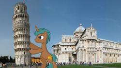 Size: 2748x1546 | Tagged: safe, artist:lahirien, artist:xwhitedreamsx, oc, oc only, oc:gadget (lahirien), pony, irl, italy, leaning tower of pisa, photo, pisa, ponies in real life