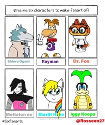Size: 893x1067 | Tagged: safe, artist:rosseen27, oc, earth pony, fox, pony, robot, wolf, anthro, anthro with ponies, bna: brand new animal, bust, clothes, crossover, earth pony oc, female, iggy koopa, male, mettaton ex, multicolored hair, peace sign, rainbow hair, rayman, shirou ogami, six fanarts, super mario bros., undertale