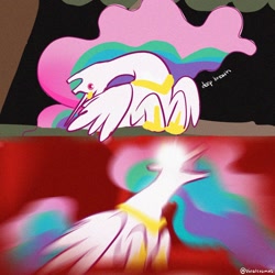 Size: 1408x1409 | Tagged: safe, artist:opalacorn, princess celestia, alicorn, pony, g4, behaving like a bird, female, floppy ears, glowing eyes, glowing eyes meme, inhaling, inhaling seagull meme, majestic as fuck, mare, meme, open mouth, ponified animal photo, ponified meme, red background, screaming, simple background, solo, traditional royal canterlot voice, wat, wide eyes