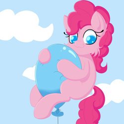 Size: 1920x1920 | Tagged: safe, artist:fajnyziomal, pinkie pie, earth pony, pony, g4, balloon, cheek fluff, colored pupils, female, mare, party balloon, sky background, solo, that pony sure does love balloons
