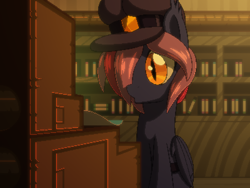 Size: 800x600 | Tagged: safe, artist:rangelost, oc, oc only, oc:moonflower, bat pony, pony, cyoa:d20 pony, bat pony oc, cap, computer, female, hat, indoors, library, mare, pixel art, sitting, solo, story included
