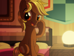 Size: 800x600 | Tagged: safe, artist:rangelost, oc, oc only, oc:apple basket, pony, cyoa:d20 pony, bed, bedroom, colt, freckles, indoors, lamp, male, pillow, pixel art, sitting, solo, story included