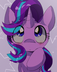 Size: 1120x1424 | Tagged: safe, artist:lexiedraw, starlight glimmer, pony, unicorn, g4, blushing, cute, eye clipping through hair, female, glimmerbetes, mare, raised hoof, solo, starry background