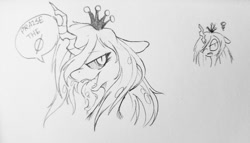Size: 1024x585 | Tagged: safe, artist:9air, queen chrysalis, changeling, changeling queen, g4, female, grayscale, hair over one eye, monochrome, pencil drawing, pictogram, solo, speech bubble, tongue out, traditional art