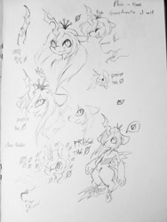 Size: 768x1024 | Tagged: safe, artist:9air, queen chrysalis, alicorn, changeling, pony, anthro, g4, grayscale, hair over one eye, monochrome, pencil drawing, pictogram, sketch, sketch dump, speech bubble, tongue out, traditional art