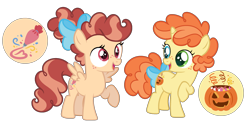 Size: 2873x1408 | Tagged: safe, artist:strawberry-spritz, pound cake, pumpkin cake, pony, g4, alternate design, bow, female, filly, hair bow, rule 63, simple background, tail bow, transparent background
