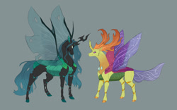 Size: 1280x800 | Tagged: safe, artist:glorymoon, queen chrysalis, thorax, changedling, changeling, g4, alternate design, exoskeleton, gray background, king thorax, simple background