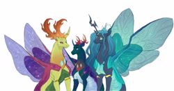 Size: 1280x672 | Tagged: safe, artist:glorymoon, pharynx, queen chrysalis, thorax, changedling, changeling, g4, a better ending for chrysalis, alternate design, exoskeleton, female, king thorax, male, mother and child, mother and son, prince pharynx, purified chrysalis, simple background, white background
