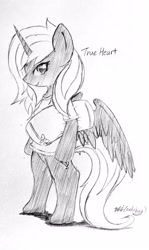 Size: 2322x3896 | Tagged: safe, artist:9air, oc, oc only, oc:true heart, alicorn, semi-anthro, alicorn oc, arm hooves, commission, grayscale, high res, horn, monochrome, not luna, pencil drawing, pillow, solo, traditional art, wings