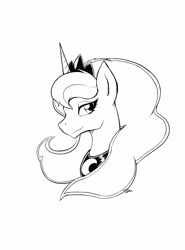 Size: 3560x4800 | Tagged: safe, artist:9air, princess luna, alicorn, pony, g4, absurd resolution, black and white, bust, female, grayscale, jewelry, lineart, looking at you, mare, monochrome, peytral, portrait, profile, regalia, simple background, smiling, solo, white background
