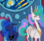 Size: 1340x1242 | Tagged: safe, artist:fakeanna, princess celestia, princess luna, alicorn, pony, g4, my little pony: friendship is magic, sparkle's seven, annoyed, aside glance, canterlot castle, canterlot throne room, celestia is not amused, crown, duo, ethereal mane, faic, female, floppy ears, frown, grumpy, jewelry, looking at each other, luna is not amused, mare, multicolored mane, narrowed eyes, regalia, royal sisters, scene interpretation, siblings, sisters, stained glass, starry mane, throne, unamused