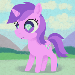 Size: 1500x1500 | Tagged: safe, artist:catachromatic, derpibooru exclusive, amethyst star, sparkler, pony, unicorn, g4, chibi, cute, eyes open, female, lineless, mare, outdoors, solo, unobtrusive watermark, wingding eyes